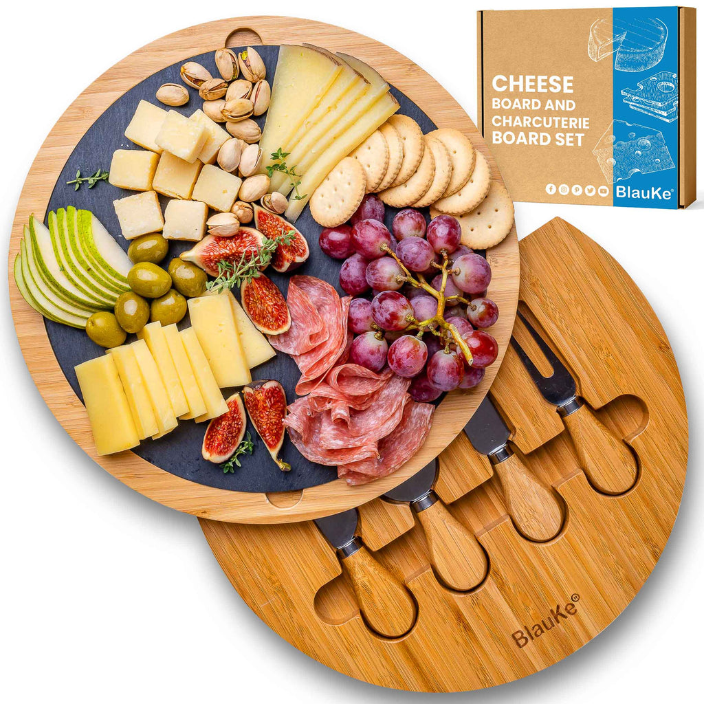 Round swivel bamboo cheese board with slate and knives