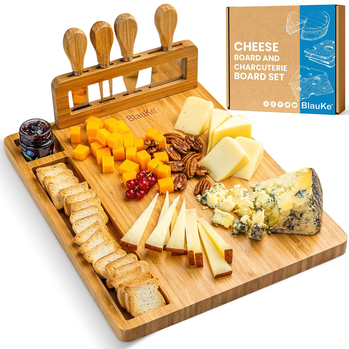 Bamboo cheese board with four cheese knives