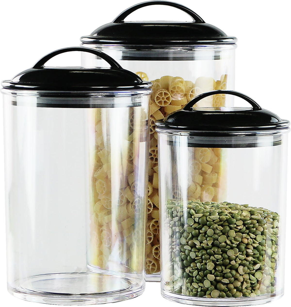 Set of three clear acrylic kitchen canisters with black lids