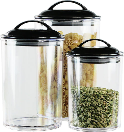 Set of three clear acrylic kitchen canisters with black lids