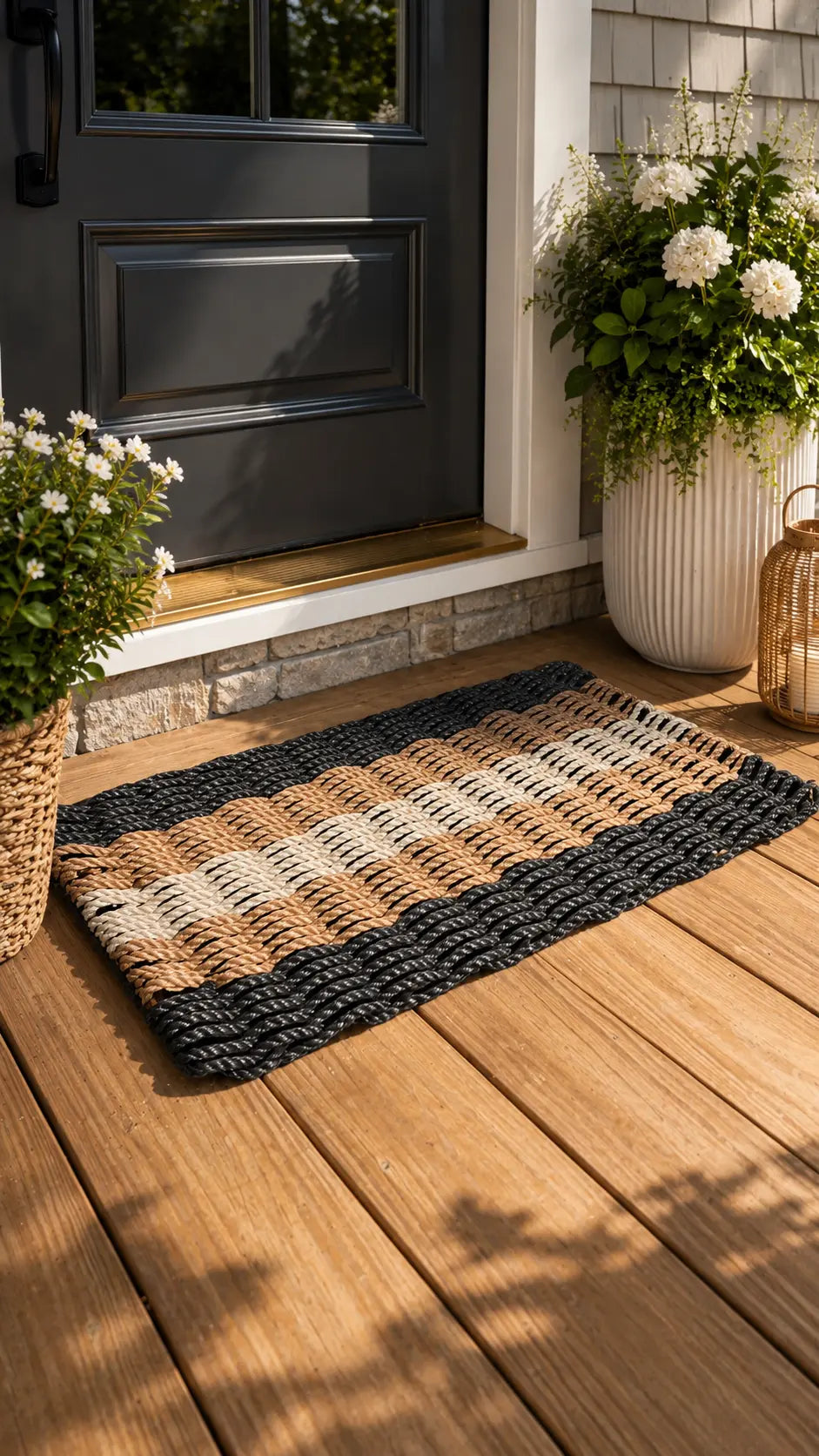 Handwoven black brown and tan lobster rope doormat