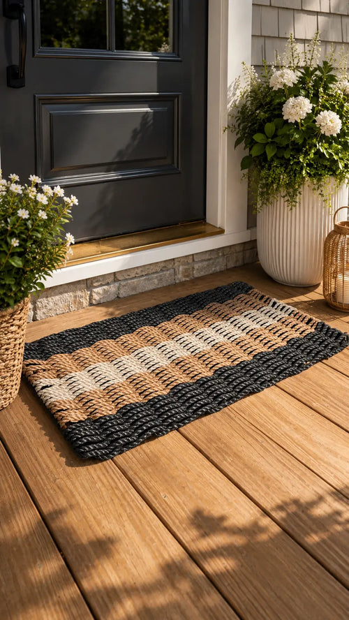 Handwoven black brown and tan lobster rope doormat