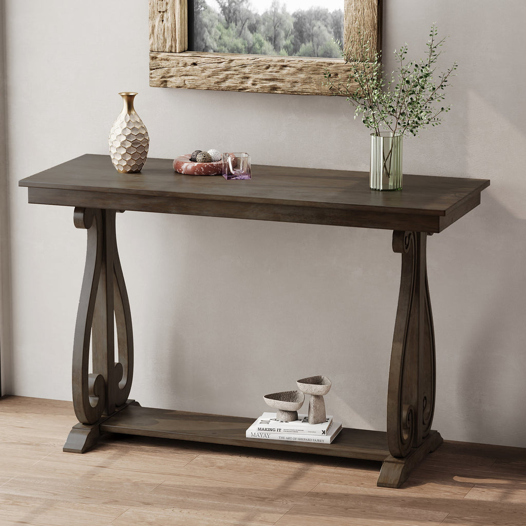 Rustic walnut farmhouse console table with open shelf