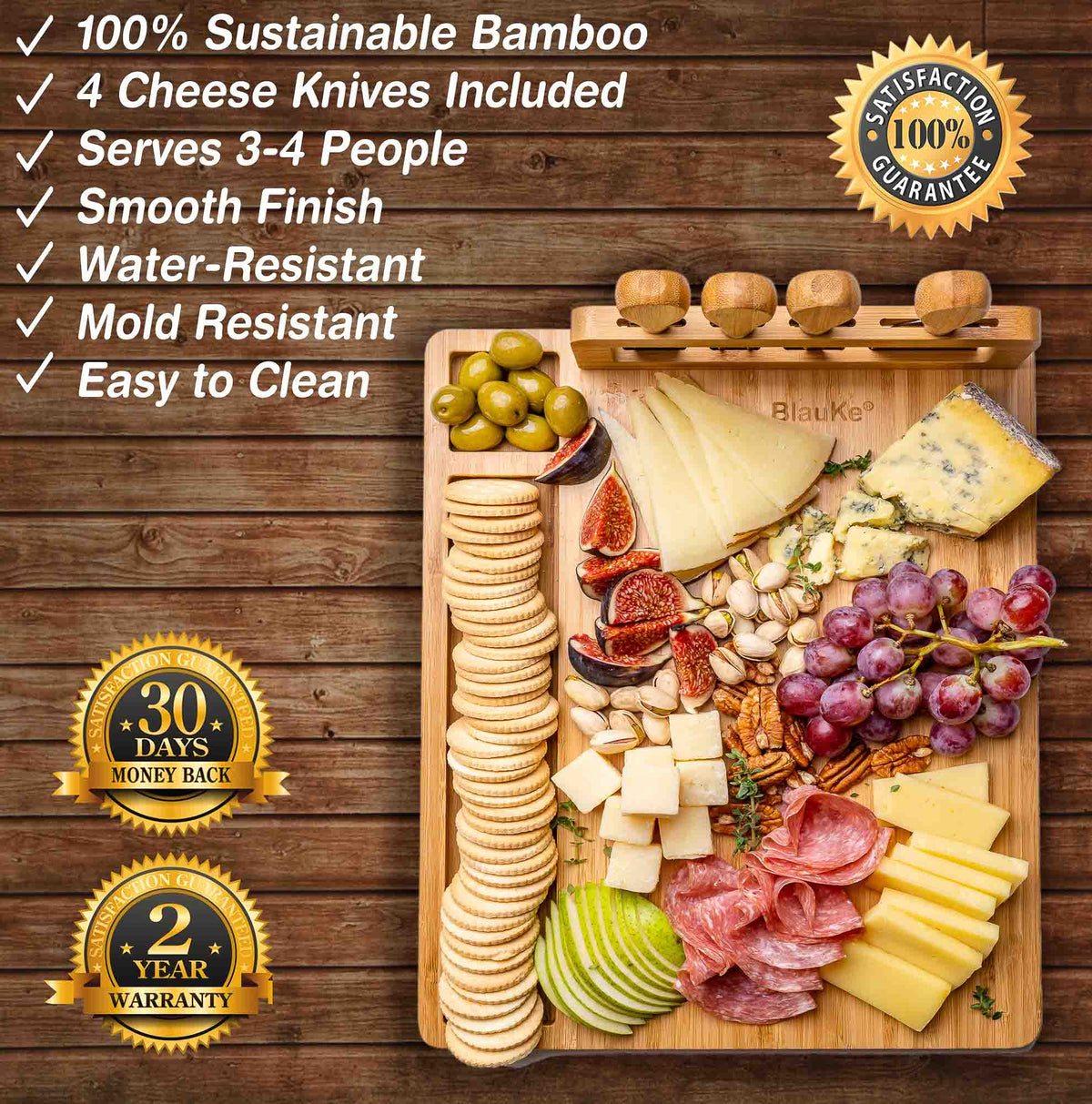 Bamboo Cheese Board & 4-Knife Set