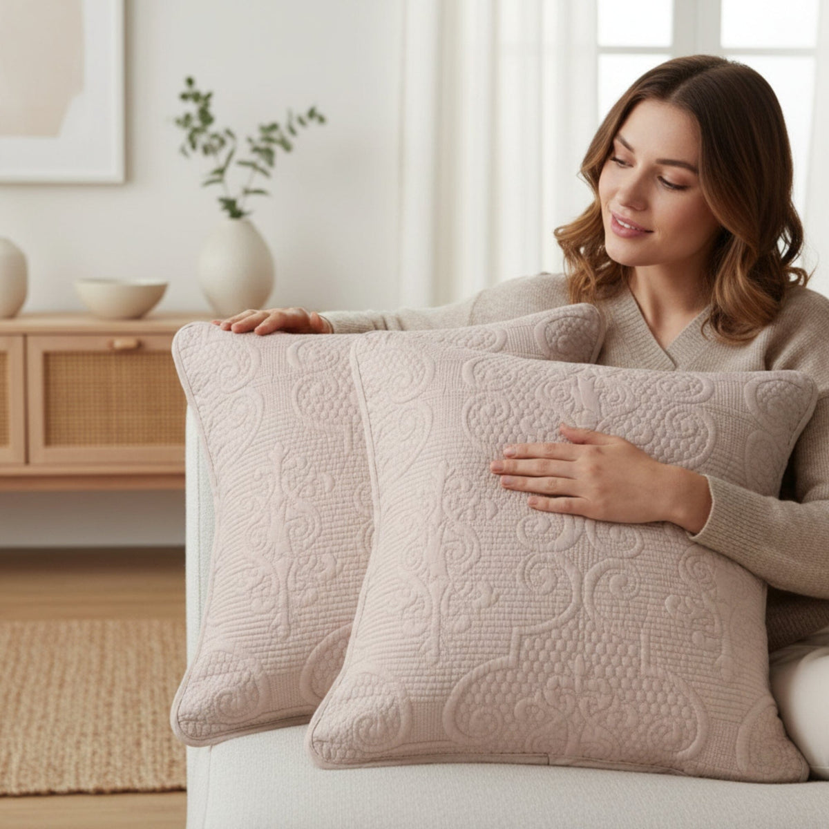 DaDa Bedding Set of 2-Pieces Sandy Beige Taupe Square Cushion Throw Pillow Covers, 18" x 18" (JHW-585)