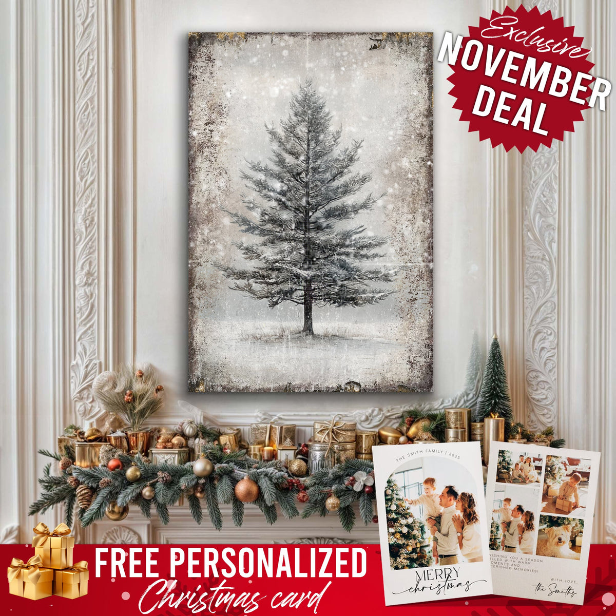 Vintage Christmas tree canvas wall art